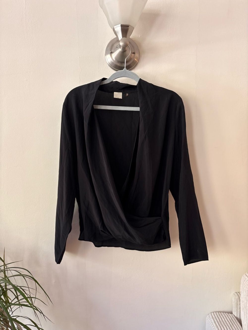 ecru Black Draped Wrap-Front Blouse